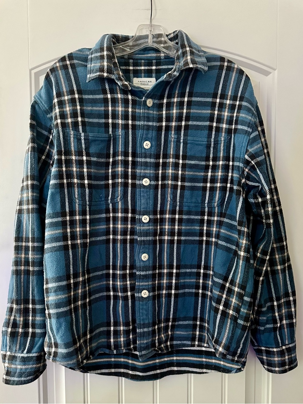 American Eagle Blue Black Plaid Flannel Shirt Shacket Coat Button Down M